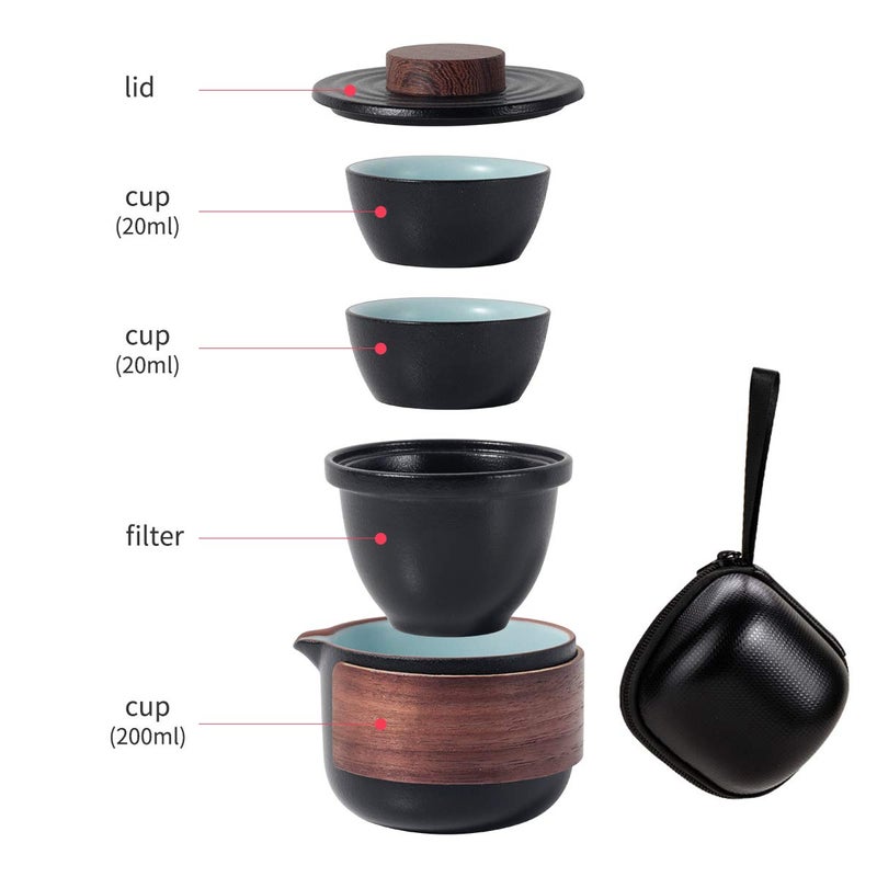 Dltsli Mini Travel Ceramic Tea Pot Set Chinese Kung Fu Teapot, 1 Pot 2 Cups Porcelain Teacups with Tea Infuser Portable Bag for Outdoor Picnic (Black) - Image 3